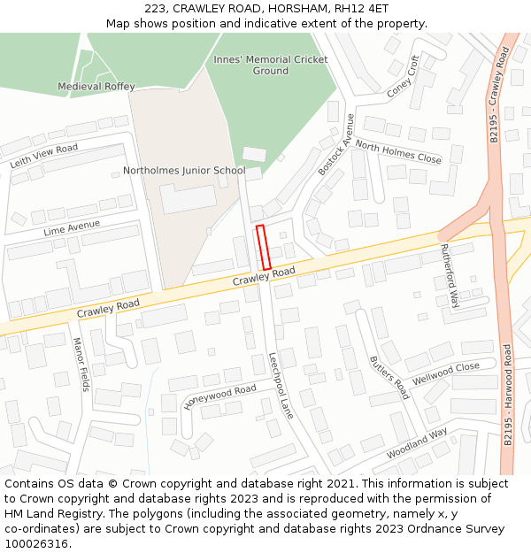 223, CRAWLEY ROAD, HORSHAM, RH12 4ET: Location map and indicative extent of plot