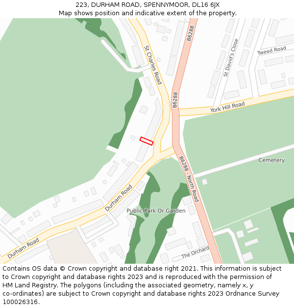 223, DURHAM ROAD, SPENNYMOOR, DL16 6JX: Location map and indicative extent of plot