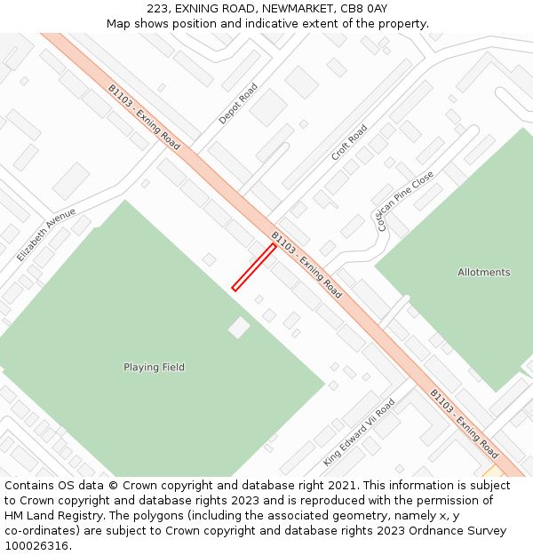 223, EXNING ROAD, NEWMARKET, CB8 0AY: Location map and indicative extent of plot