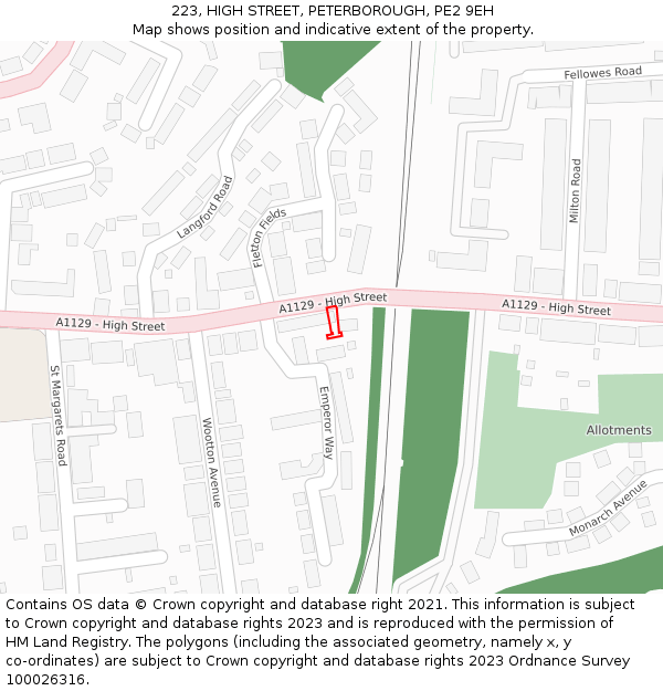 223, HIGH STREET, PETERBOROUGH, PE2 9EH: Location map and indicative extent of plot