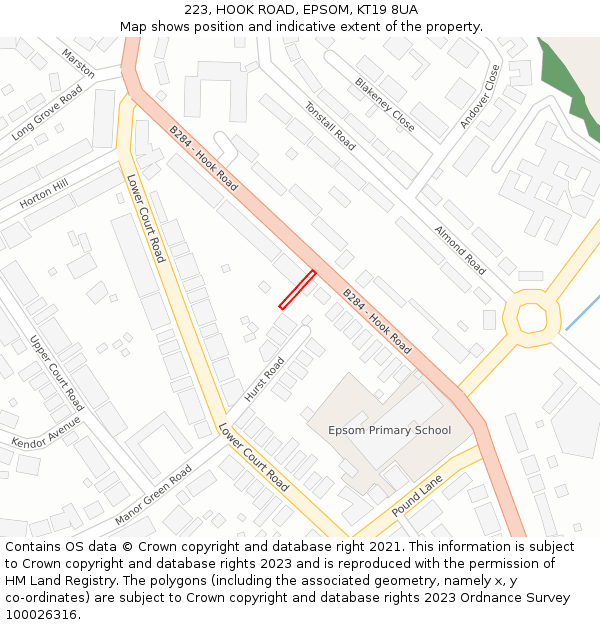 223, HOOK ROAD, EPSOM, KT19 8UA: Location map and indicative extent of plot