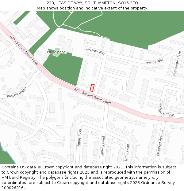 223, LEASIDE WAY, SOUTHAMPTON, SO16 3EQ: Location map and indicative extent of plot