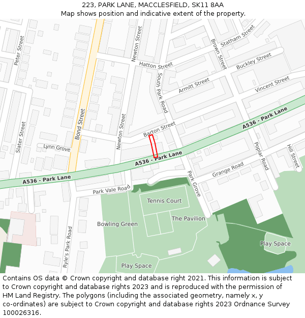 223, PARK LANE, MACCLESFIELD, SK11 8AA: Location map and indicative extent of plot
