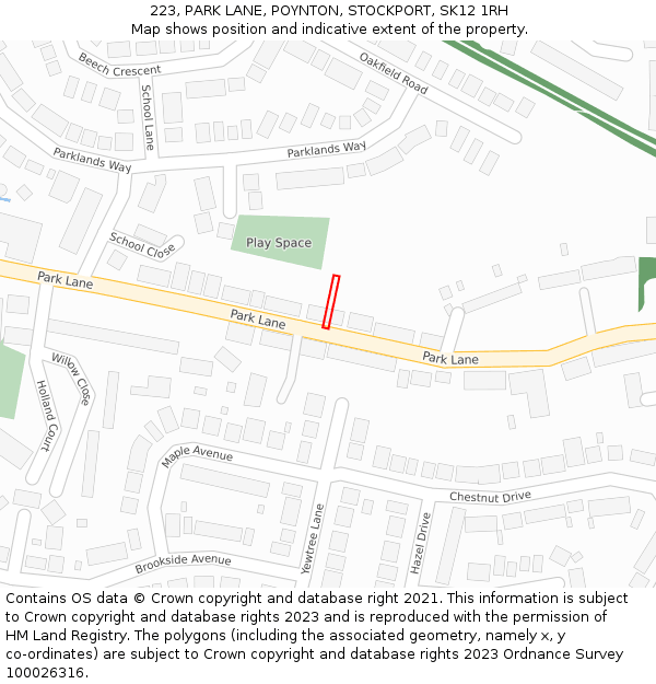 223, PARK LANE, POYNTON, STOCKPORT, SK12 1RH: Location map and indicative extent of plot