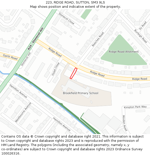 223, RIDGE ROAD, SUTTON, SM3 9LS: Location map and indicative extent of plot
