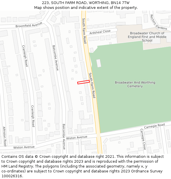223, SOUTH FARM ROAD, WORTHING, BN14 7TW: Location map and indicative extent of plot