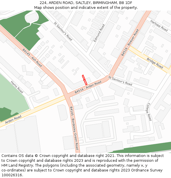 224, ARDEN ROAD, SALTLEY, BIRMINGHAM, B8 1DF: Location map and indicative extent of plot