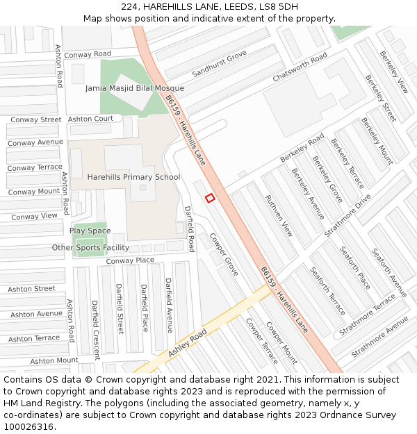 224, HAREHILLS LANE, LEEDS, LS8 5DH: Location map and indicative extent of plot