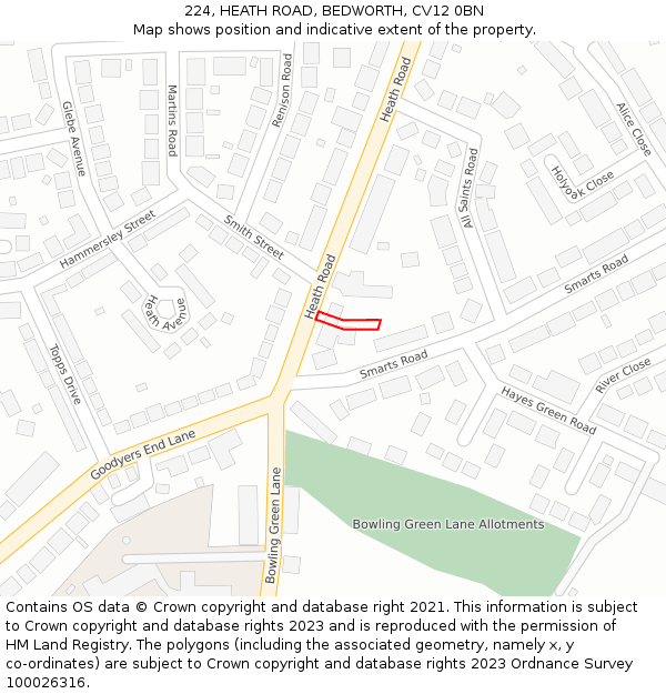224, HEATH ROAD, BEDWORTH, CV12 0BN: Location map and indicative extent of plot