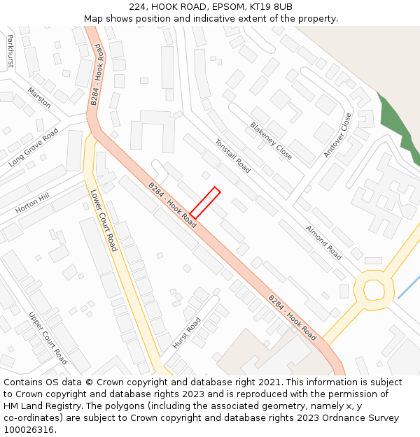 224, HOOK ROAD, EPSOM, KT19 8UB: Location map and indicative extent of plot