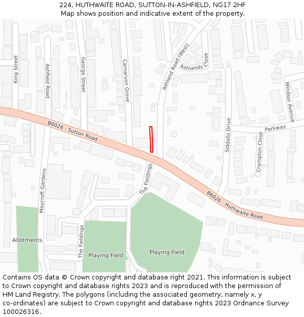 224, HUTHWAITE ROAD, SUTTON-IN-ASHFIELD, NG17 2HF: Location map and indicative extent of plot