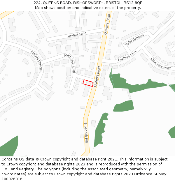 224, QUEENS ROAD, BISHOPSWORTH, BRISTOL, BS13 8QF: Location map and indicative extent of plot