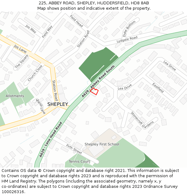 225, ABBEY ROAD, SHEPLEY, HUDDERSFIELD, HD8 8AB: Location map and indicative extent of plot