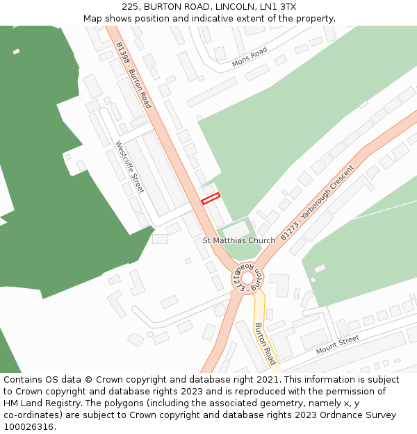 225, BURTON ROAD, LINCOLN, LN1 3TX: Location map and indicative extent of plot