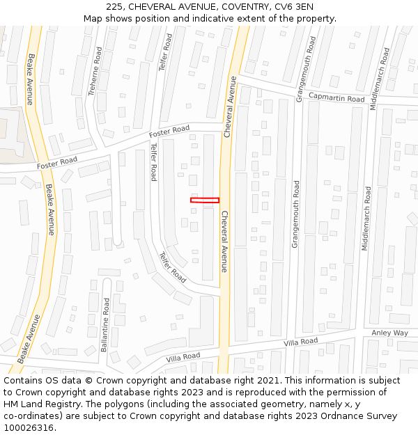 225, CHEVERAL AVENUE, COVENTRY, CV6 3EN: Location map and indicative extent of plot