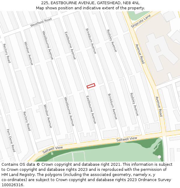 225, EASTBOURNE AVENUE, GATESHEAD, NE8 4NL: Location map and indicative extent of plot