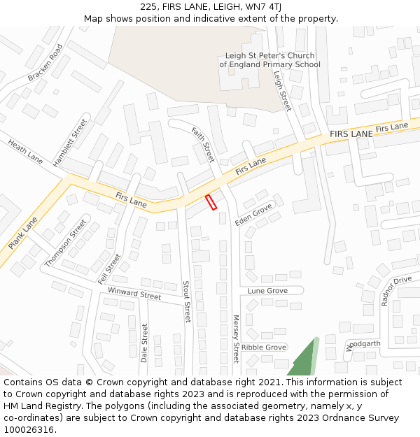 225, FIRS LANE, LEIGH, WN7 4TJ: Location map and indicative extent of plot