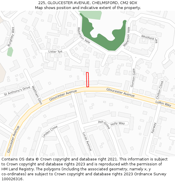 225, GLOUCESTER AVENUE, CHELMSFORD, CM2 9DX: Location map and indicative extent of plot