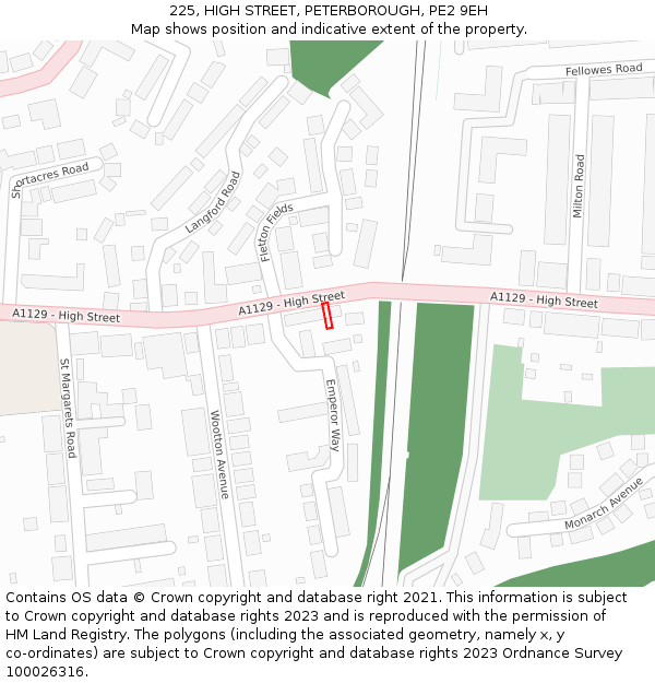 225, HIGH STREET, PETERBOROUGH, PE2 9EH: Location map and indicative extent of plot