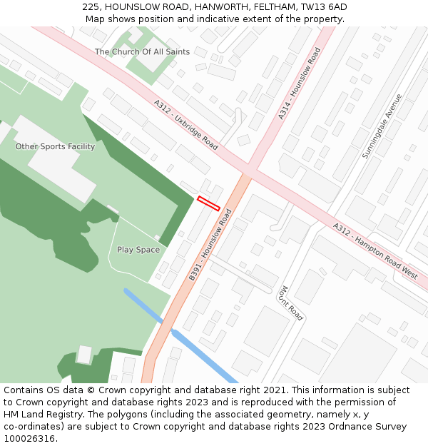 225, HOUNSLOW ROAD, HANWORTH, FELTHAM, TW13 6AD: Location map and indicative extent of plot