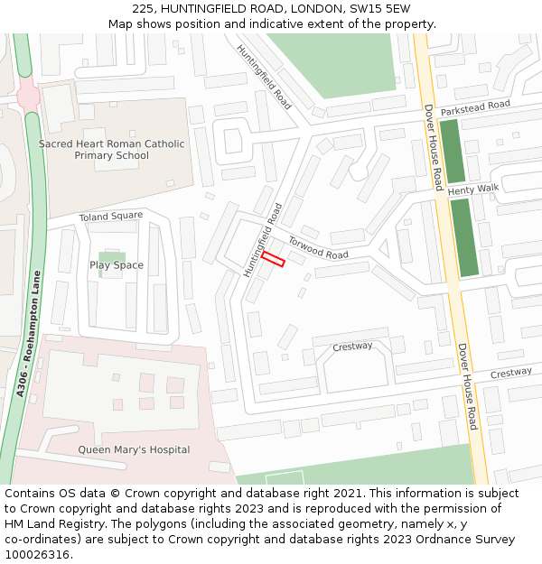 225, HUNTINGFIELD ROAD, LONDON, SW15 5EW: Location map and indicative extent of plot
