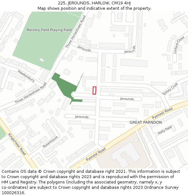 225, JEROUNDS, HARLOW, CM19 4HJ: Location map and indicative extent of plot