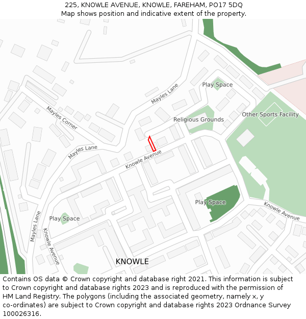 225, KNOWLE AVENUE, KNOWLE, FAREHAM, PO17 5DQ: Location map and indicative extent of plot