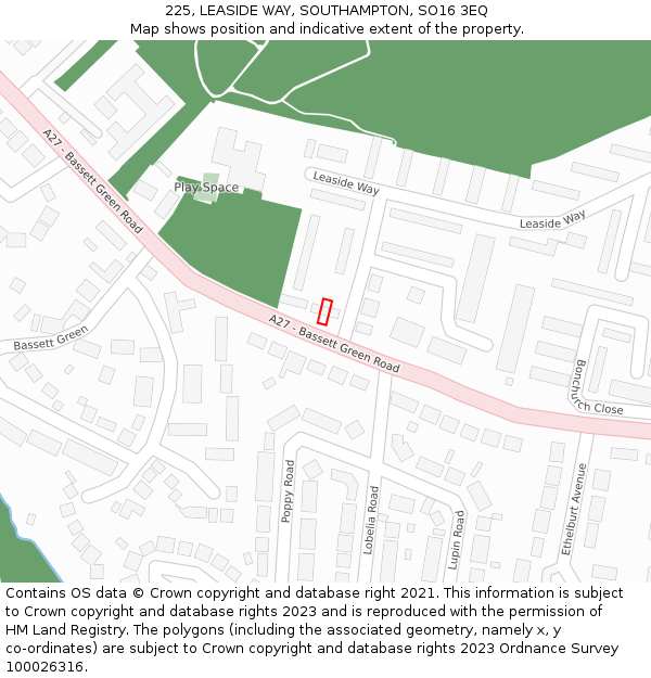225, LEASIDE WAY, SOUTHAMPTON, SO16 3EQ: Location map and indicative extent of plot