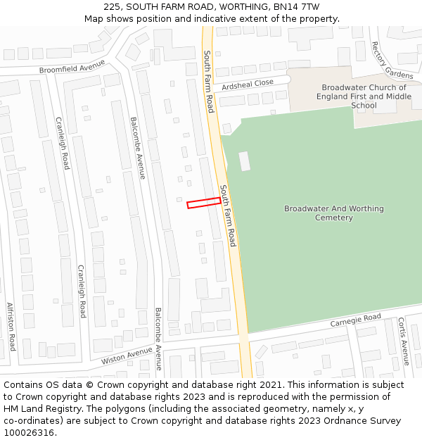 225, SOUTH FARM ROAD, WORTHING, BN14 7TW: Location map and indicative extent of plot
