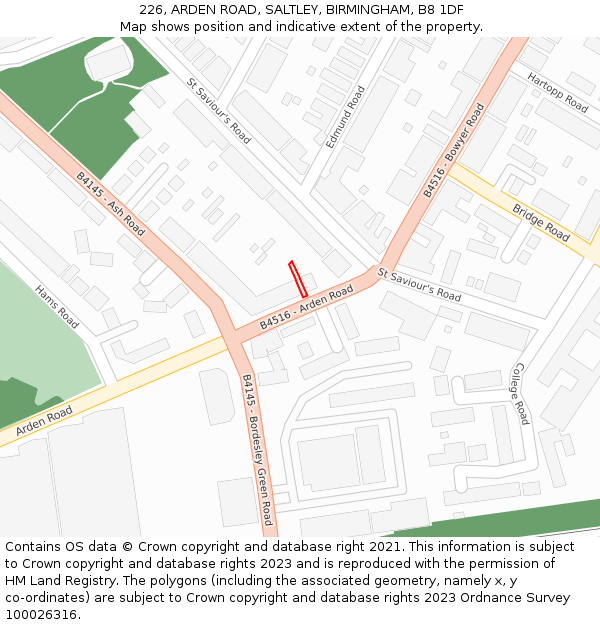 226, ARDEN ROAD, SALTLEY, BIRMINGHAM, B8 1DF: Location map and indicative extent of plot