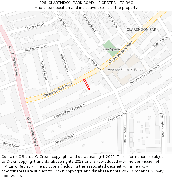 226, CLARENDON PARK ROAD, LEICESTER, LE2 3AG: Location map and indicative extent of plot