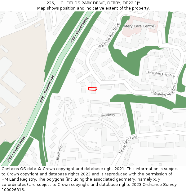 226, HIGHFIELDS PARK DRIVE, DERBY, DE22 1JY: Location map and indicative extent of plot