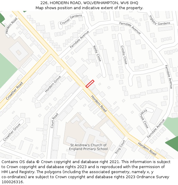 226, HORDERN ROAD, WOLVERHAMPTON, WV6 0HQ: Location map and indicative extent of plot