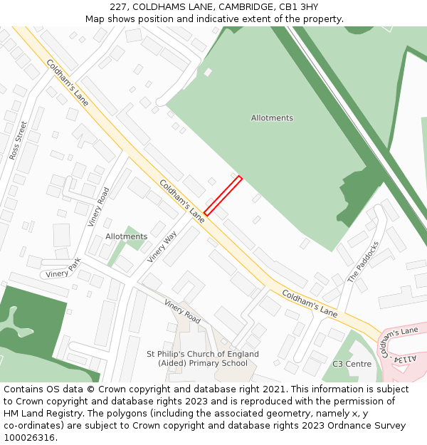 227, COLDHAMS LANE, CAMBRIDGE, CB1 3HY: Location map and indicative extent of plot
