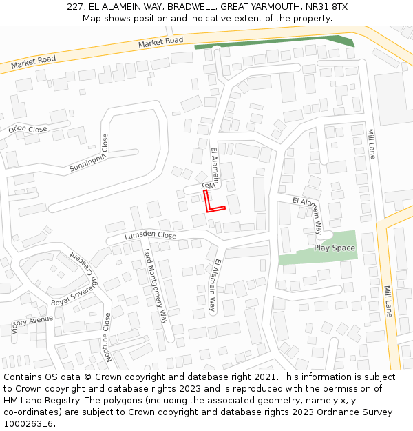 227, EL ALAMEIN WAY, BRADWELL, GREAT YARMOUTH, NR31 8TX: Location map and indicative extent of plot