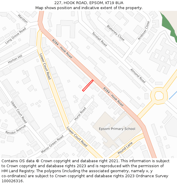 227, HOOK ROAD, EPSOM, KT19 8UA: Location map and indicative extent of plot