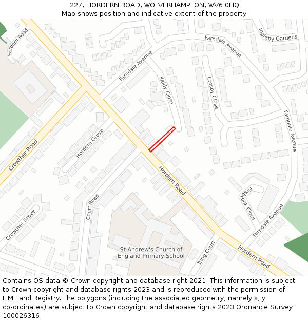 227, HORDERN ROAD, WOLVERHAMPTON, WV6 0HQ: Location map and indicative extent of plot