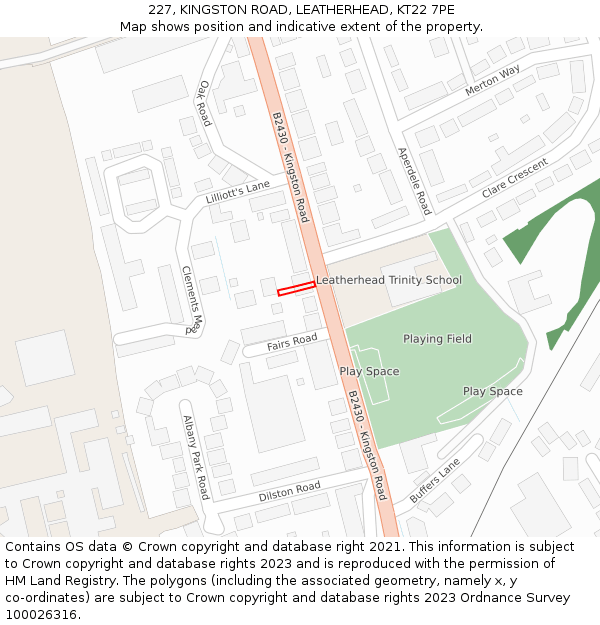 227, KINGSTON ROAD, LEATHERHEAD, KT22 7PE: Location map and indicative extent of plot