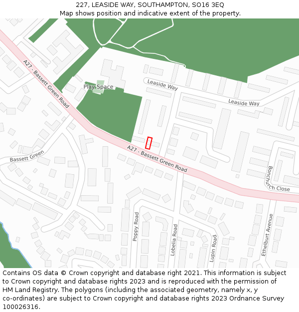 227, LEASIDE WAY, SOUTHAMPTON, SO16 3EQ: Location map and indicative extent of plot