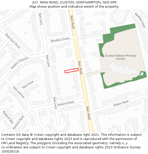227, MAIN ROAD, DUSTON, NORTHAMPTON, NN5 6PR: Location map and indicative extent of plot
