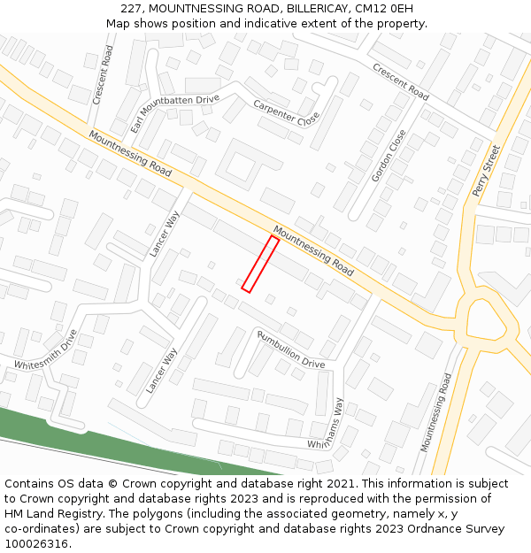 227, MOUNTNESSING ROAD, BILLERICAY, CM12 0EH: Location map and indicative extent of plot