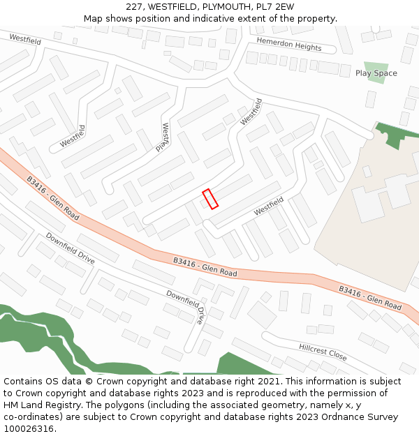 227, WESTFIELD, PLYMOUTH, PL7 2EW: Location map and indicative extent of plot