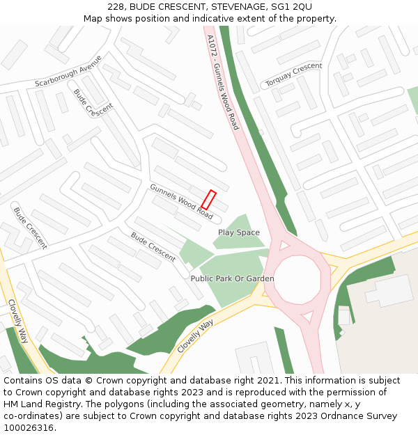 228, BUDE CRESCENT, STEVENAGE, SG1 2QU: Location map and indicative extent of plot