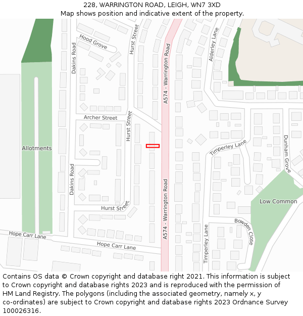 228, WARRINGTON ROAD, LEIGH, WN7 3XD: Location map and indicative extent of plot
