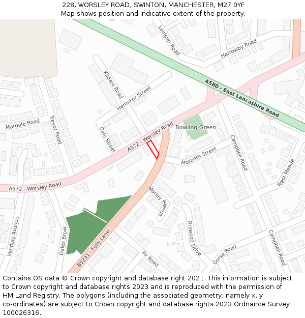 228, WORSLEY ROAD, SWINTON, MANCHESTER, M27 0YF: Location map and indicative extent of plot