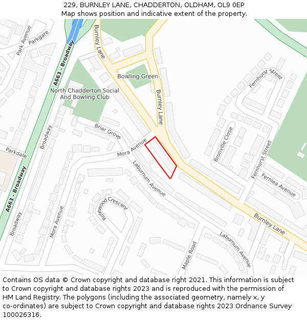 229, BURNLEY LANE, CHADDERTON, OLDHAM, OL9 0EP: Location map and indicative extent of plot