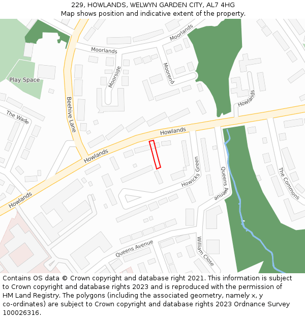 229, HOWLANDS, WELWYN GARDEN CITY, AL7 4HG: Location map and indicative extent of plot