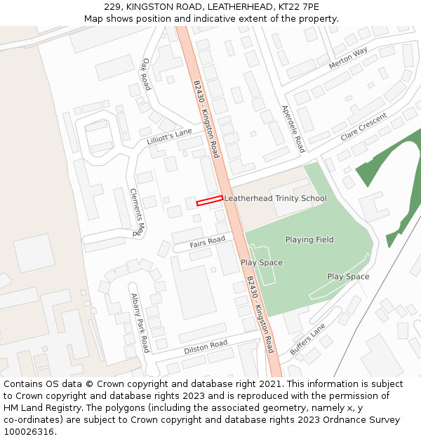 229, KINGSTON ROAD, LEATHERHEAD, KT22 7PE: Location map and indicative extent of plot
