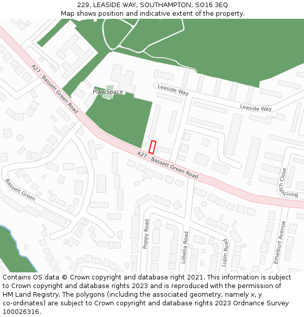 229, LEASIDE WAY, SOUTHAMPTON, SO16 3EQ: Location map and indicative extent of plot