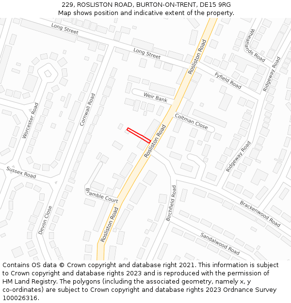 229, ROSLISTON ROAD, BURTON-ON-TRENT, DE15 9RG: Location map and indicative extent of plot